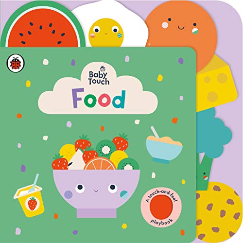 Baby book cover with colorful illustrations of various foods.