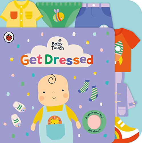 Baby book cover with illustrated clothes, a baby, and touch-and-feel textures.