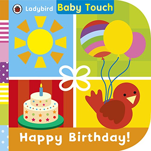Brightly colored baby book cover with birthday cake, balloon, and sun.