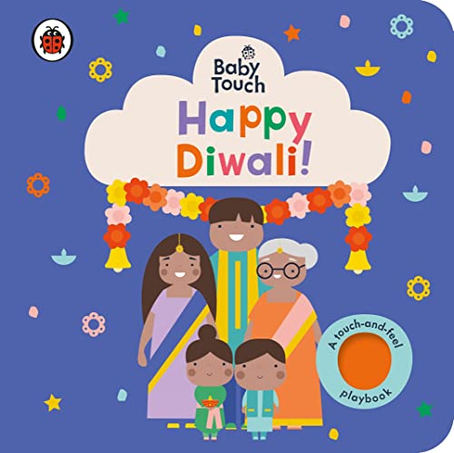 Book cover with family celebrating Diwali, decorated with marigolds.