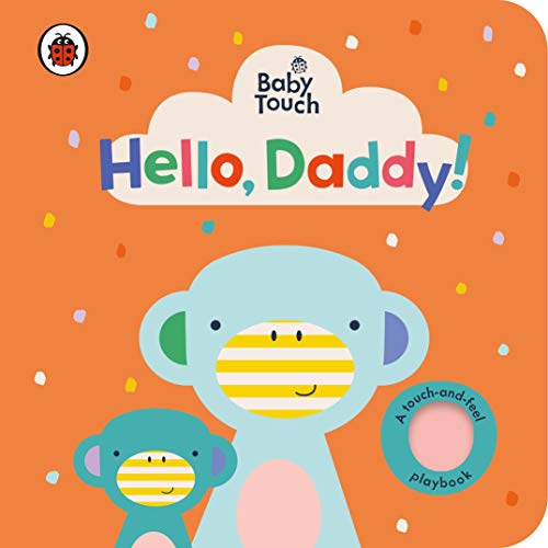 Orange board book cover featuring a cartoon monkey, a baby monkey, and colorful confetti.