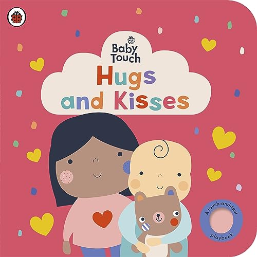 Board book cover with two children hugging a teddy bear on a pink background.
