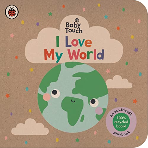 Baby book cover with a smiling Earth and colorful stars.