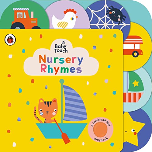 Bright baby book cover with colorful illustrations of nursery rhyme characters.