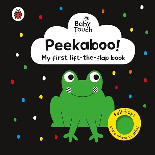 Black and white book cover with a green frog and colorful dots.