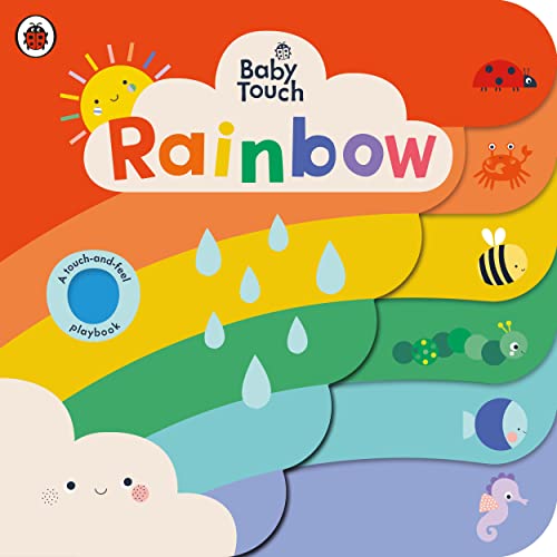 Colorful rainbow book cover with sun, cloud, and animal textures.