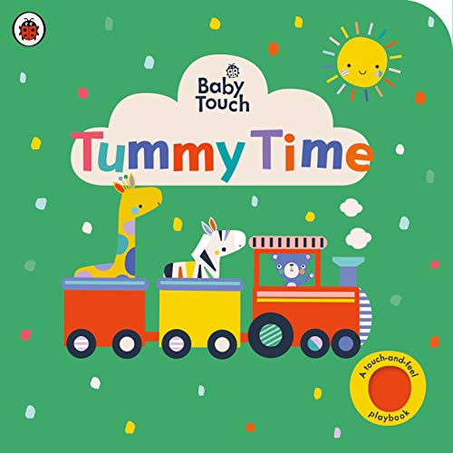 Brightly colored board book cover with animals and a toy train.
