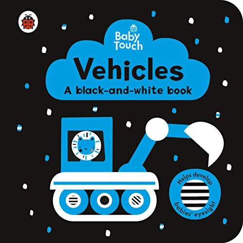 Black and white board book cover featuring simple vehicle illustrations.