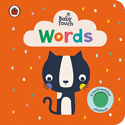 Orange board book cover with a cartoon black cat and the word "Words".