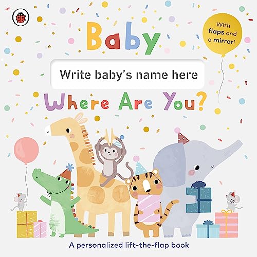 Personalized lift-the-flap baby book with colorful animals and gifts.