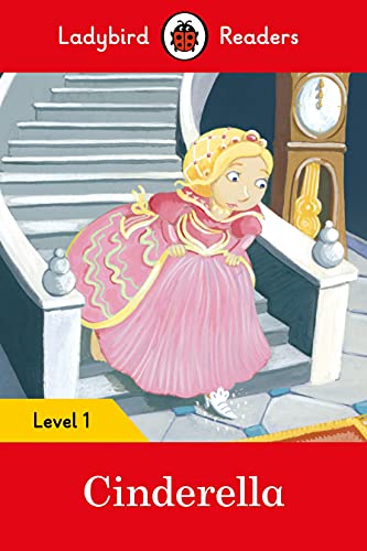 Cinderella in a pink dress running down stairs, from Ladybird Readers Level 1 book cover.