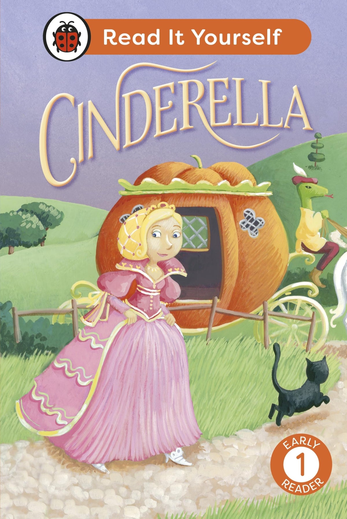 Cinderella in a pink dress stands before a pumpkin carriage with a black cat.