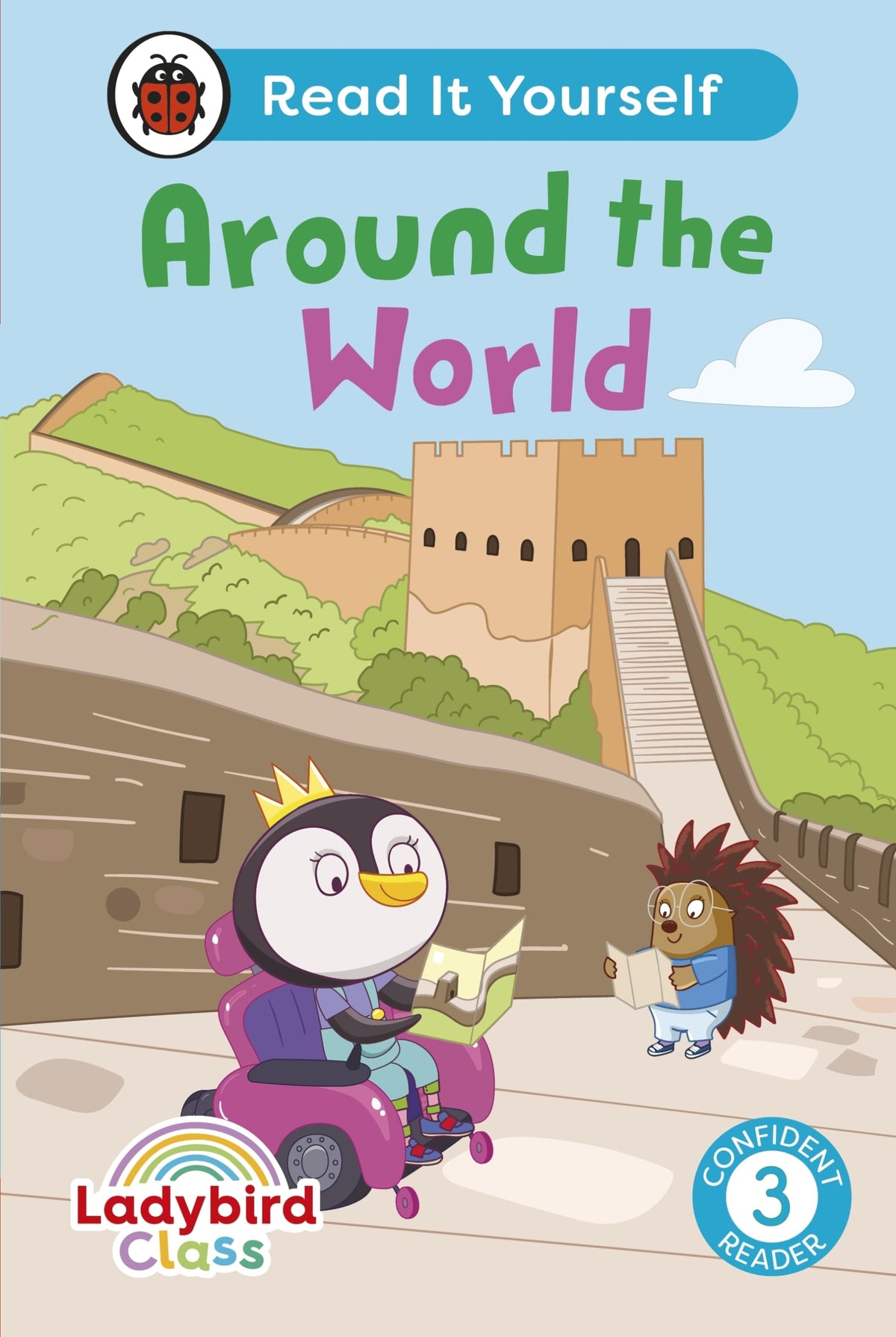 Children’s book cover featuring a penguin, hedgehog, and the Great Wall of China.