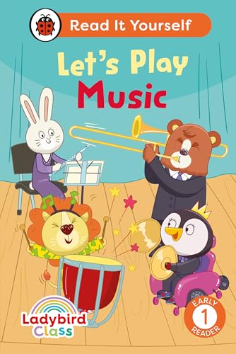 A rabbit, bear, lion, and penguin playing musical instruments on a stage.