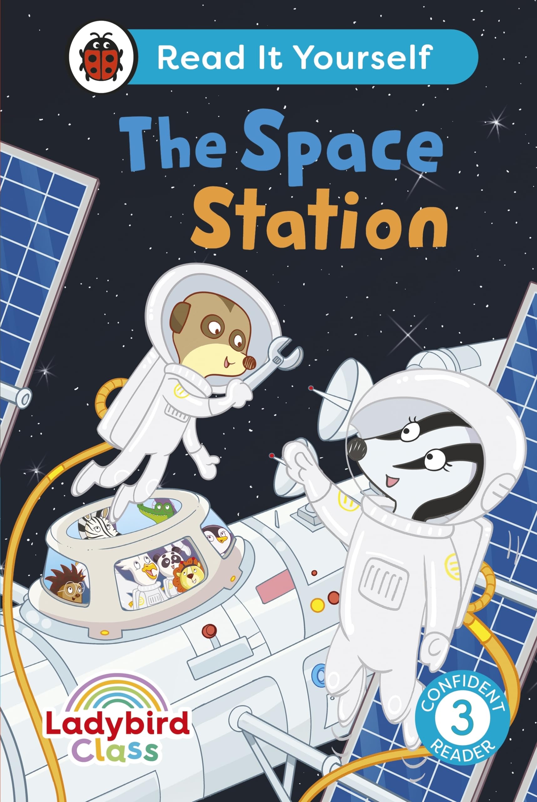 Ladybird book cover: astronaut animals inside a colorful space station.