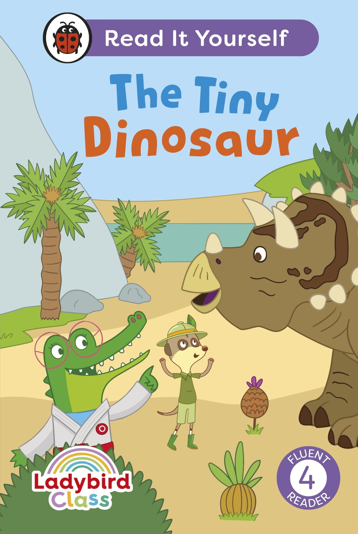 Book cover: dinosaur, crocodile, and child in a jungle scene.
