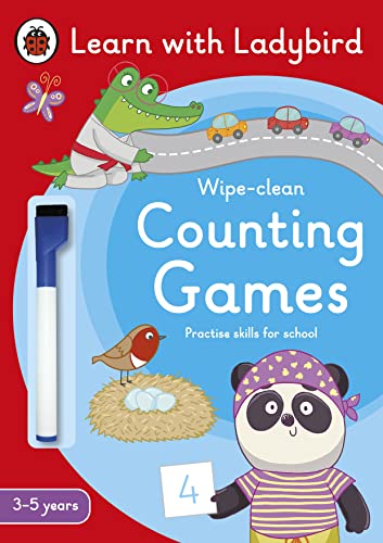 Ladybird counting activity book cover with animals, pen, and number four.