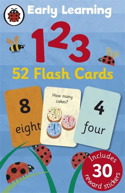Ladybird flash cards with numbers, cakes, and illustrated insects.