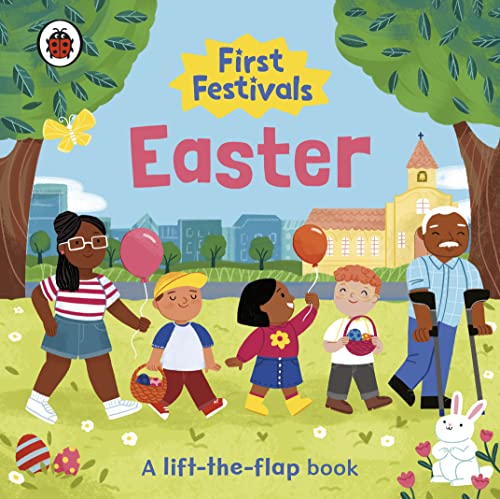 Children with diverse appearances celebrate Easter in a park scene.