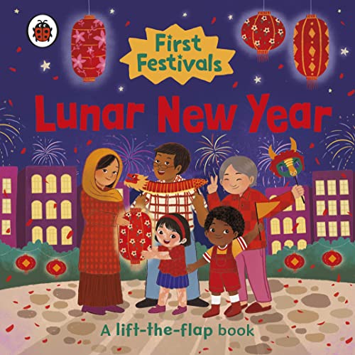 Children and family celebrating Lunar New Year with lanterns and a dragon.