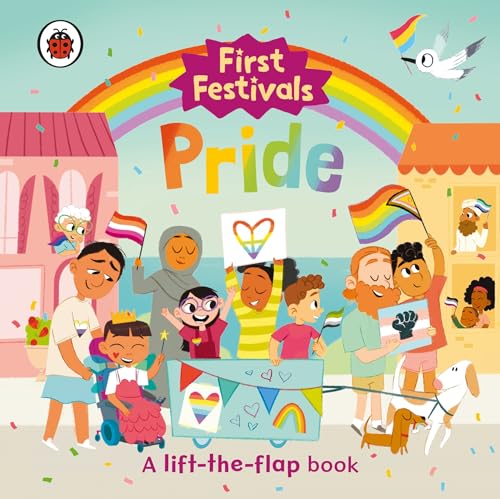 A diverse group of people celebrate Pride with flags and a float under a rainbow.