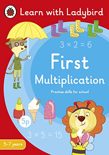 Ladybird book cover with animals, multiplication equations, and colorful objects.