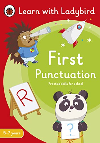 Ladybird book cover with hedgehog, panda, rocket, and punctuation practice.