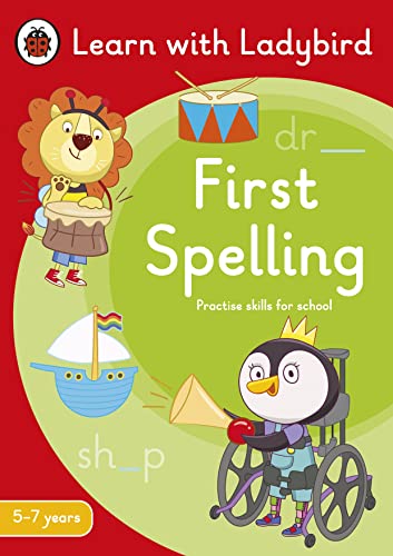 Ladybird "First Spelling" book cover with lion, penguin, boat, and drum.