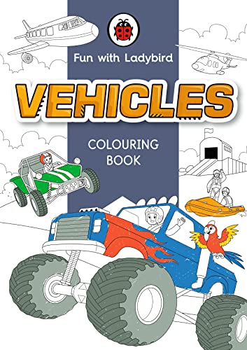 Ladybird colouring book cover with line drawings of planes, trucks, and a boat.
