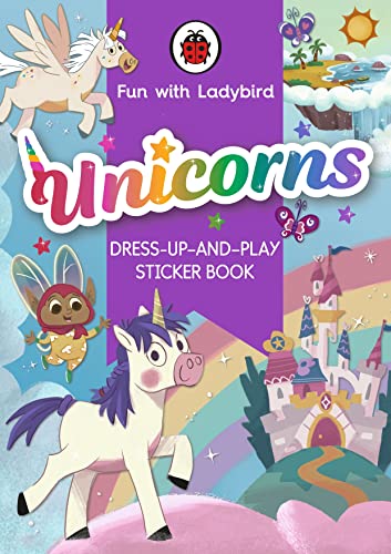 Ladybird sticker book cover featuring colorful unicorns and fantasy scenes.