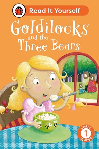Goldilocks eats porridge at a table while three bears appear in the window behind.