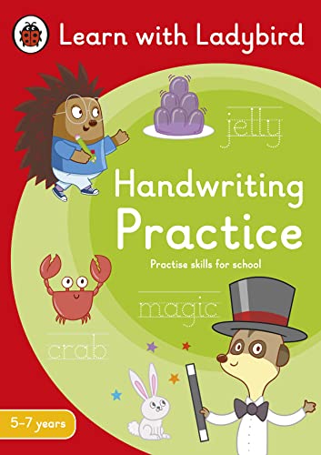 Ladybird handwriting practice book with illustrated animals and lettering.