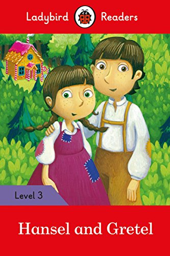 Book cover: Hansel and Gretel with a gingerbread house in the forest.
