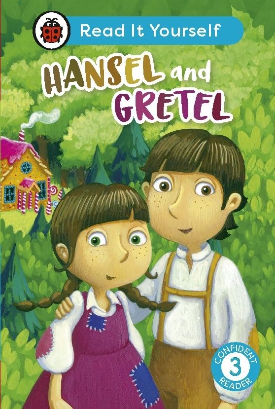 Book cover: Hansel and Gretel with a gingerbread house in the forest.