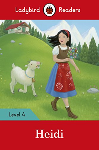 Ladybird book cover: Heidi with a goat in a mountainous landscape.