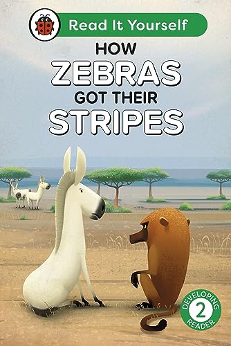 Book cover: "How Zebras Got Their Stripes" with a donkey and meerkat.