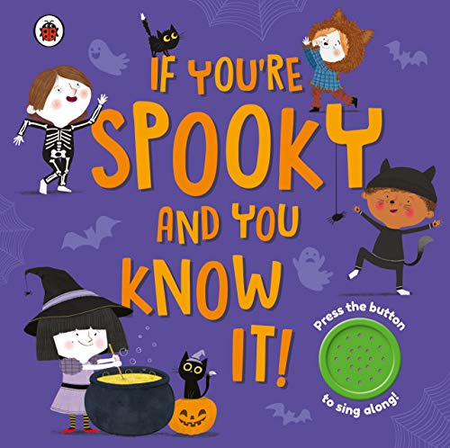 Halloween sound book cover with children in costumes and a green button.