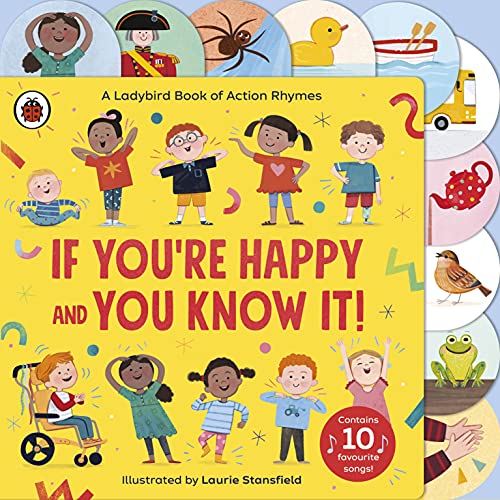 Bright children’s book cover, “If You’re Happy and You Know It!” with diverse figures.