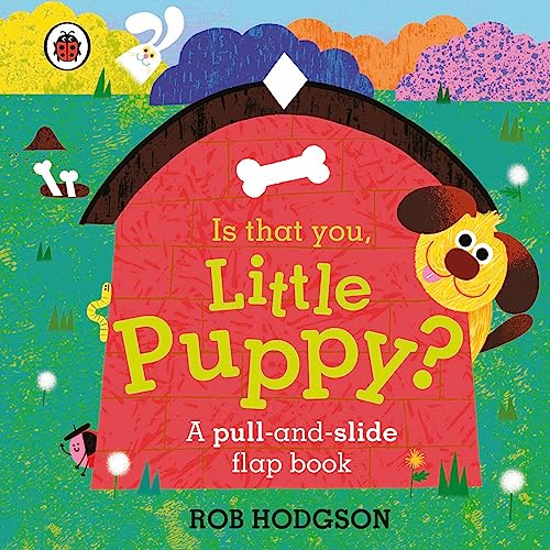 Children's book cover with a red doghouse, puppy peeking out, and colorful landscape.