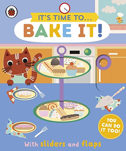 Children’s book cover with a cat, baking treats, and interactive elements.