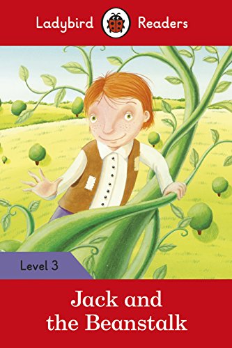 Jack climbs a large green beanstalk in a colorful illustrated book cover.