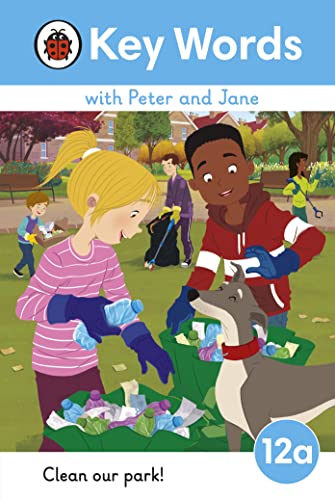 Children and a dog cleaning up litter in a park scene.