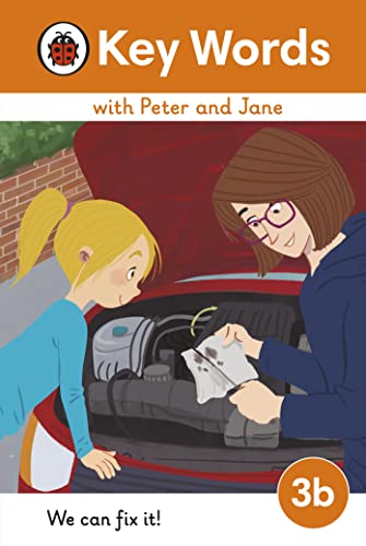 Children and woman looking at a car engine, reading book cover.