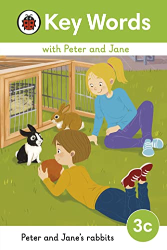 Children looking at rabbits in a hutch, book cover illustration.