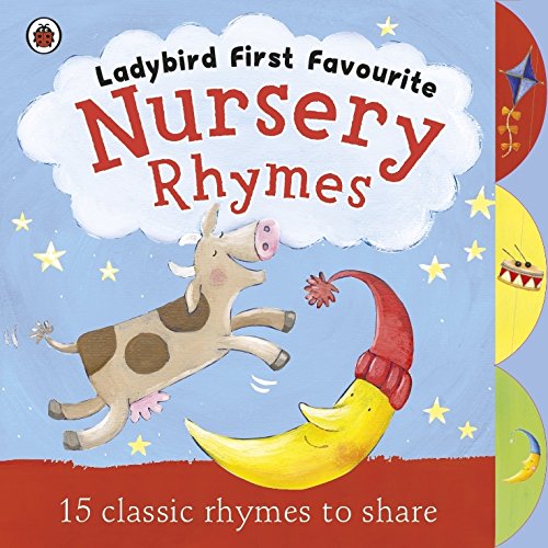 "Children's book cover featuring a cow jumping over a man in a nightcap."