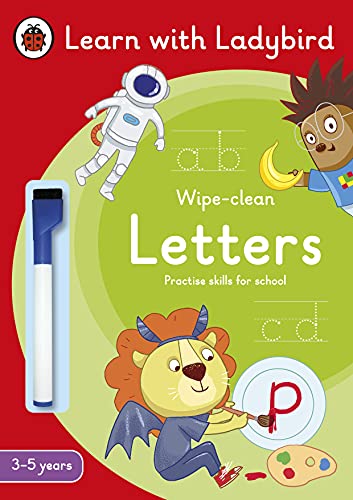 Ladybird activity book cover featuring letters, animals, and a pen.