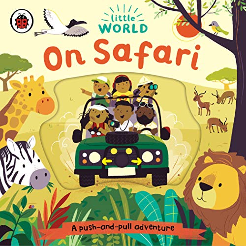 Children on safari in a green jeep with animals nearby.