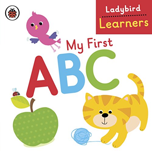 Book cover titled My First ABC featuring a pink bird, green apple, and cat.