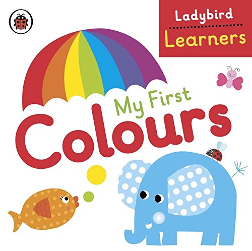 "Children's book cover featuring a blue elephant, fish, and rainbow on a white background."