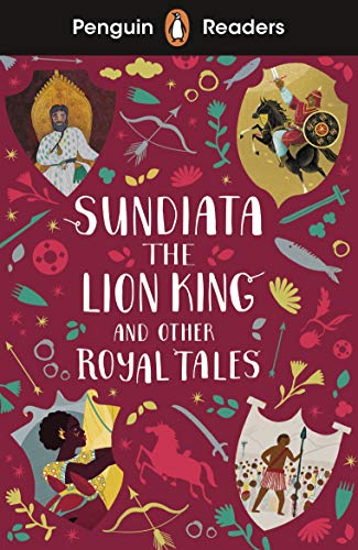 Book cover for Sundiata the Lion King featuring illustrations of royalty on a maroon background.